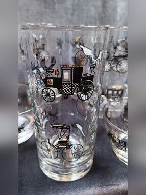 Vintage 50s Horseless Carriage Glass 12 Pc Set - Clear with Black & 22kGold